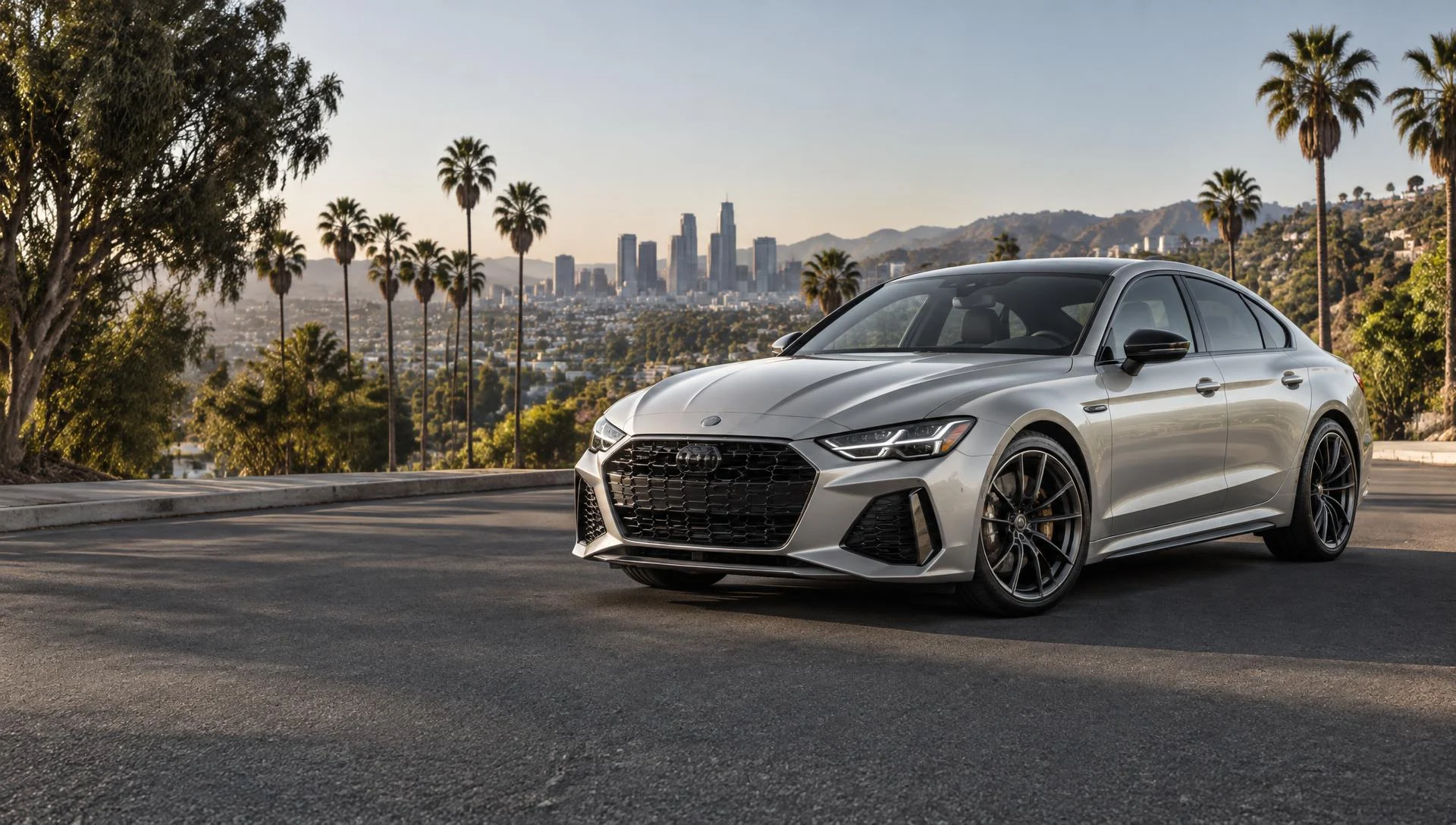 Silver sedan overlooking the Los Angeles skyline and palm-lined hills